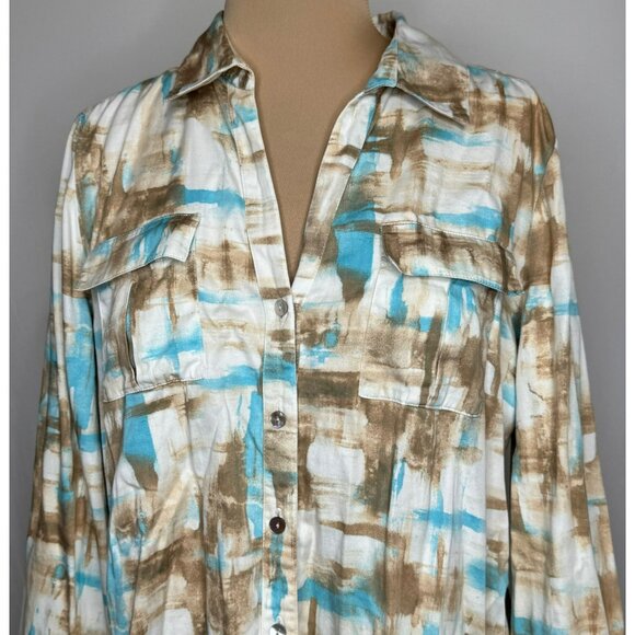 Chicos Womens Button-Down Shirt Size 2 Abstract Print Multicolor Turquoise Brown - Picture 2 of 8